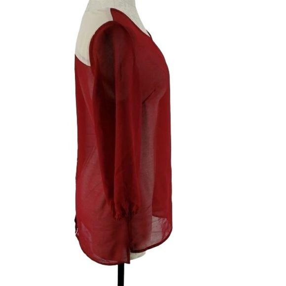 Charming Charlie Red Cream sheer colorblock medium quarter sleeve Blouse - Picture 3 of 8